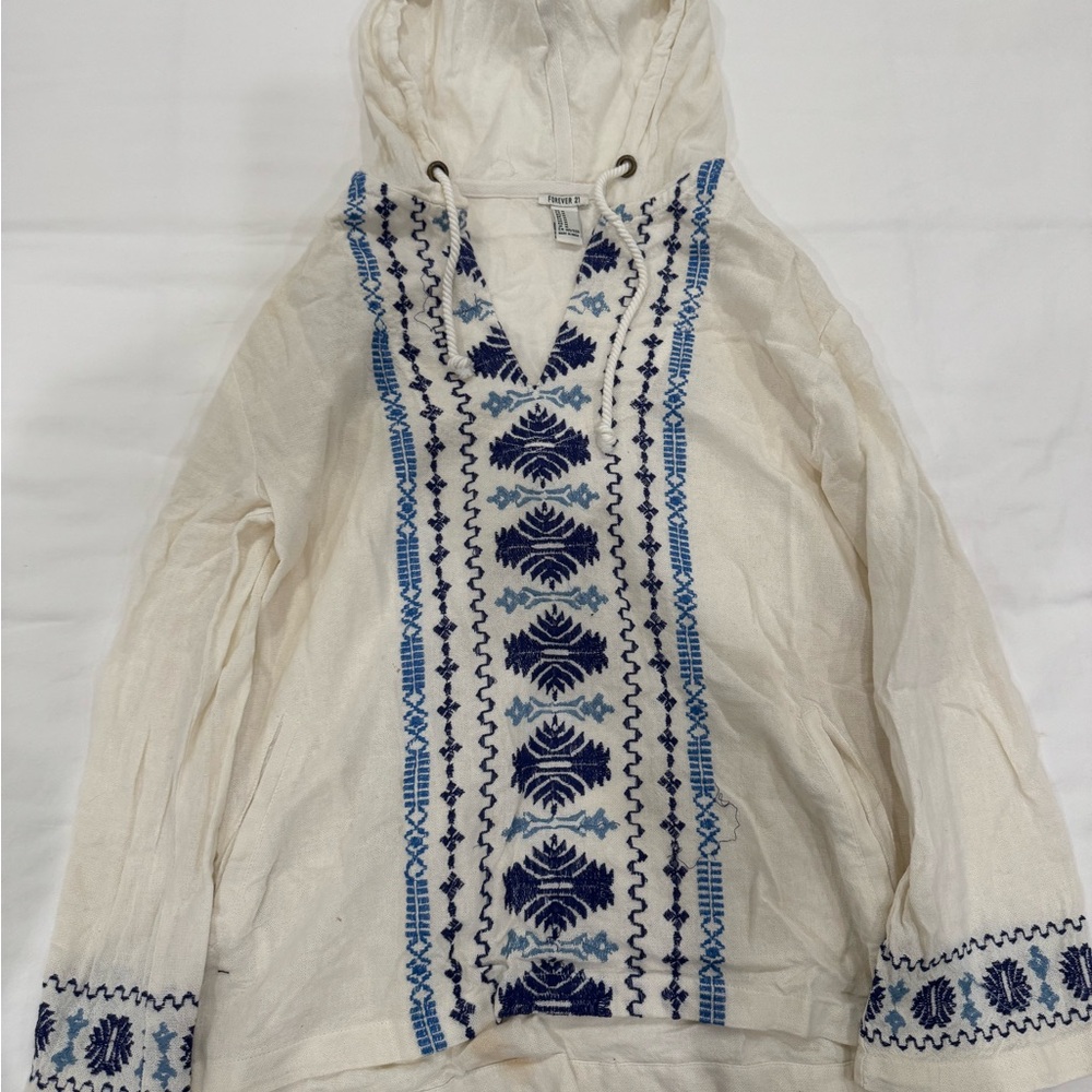 Forever 21 Cream and Blue V-Neck Sweater